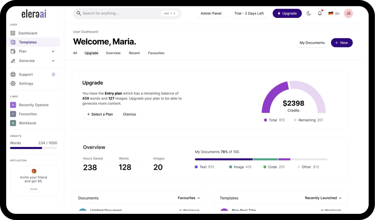 MagicAI Dashboard Mockup